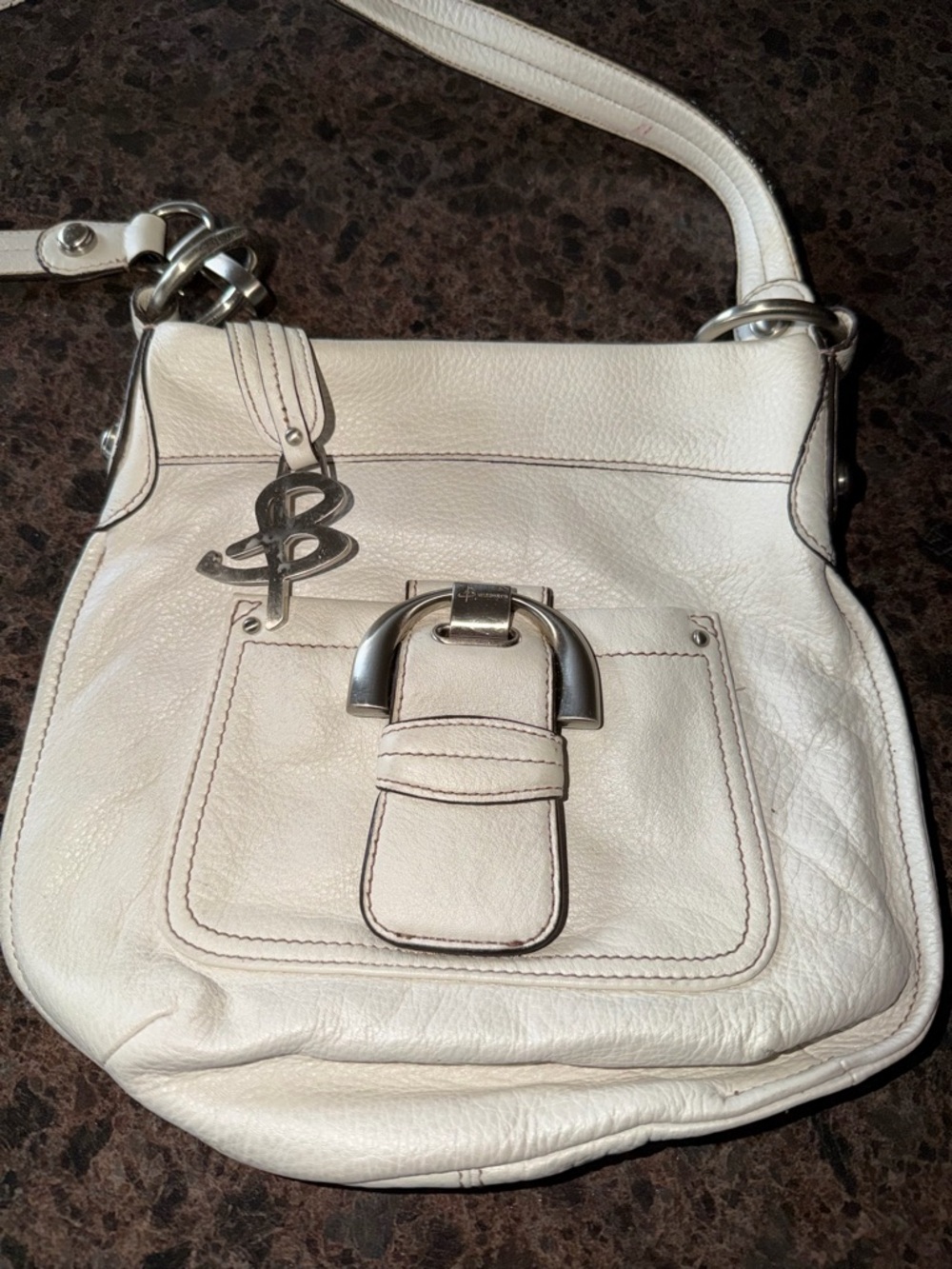 B Makowski White Leather Shoulder Bag with Silver Buckle
